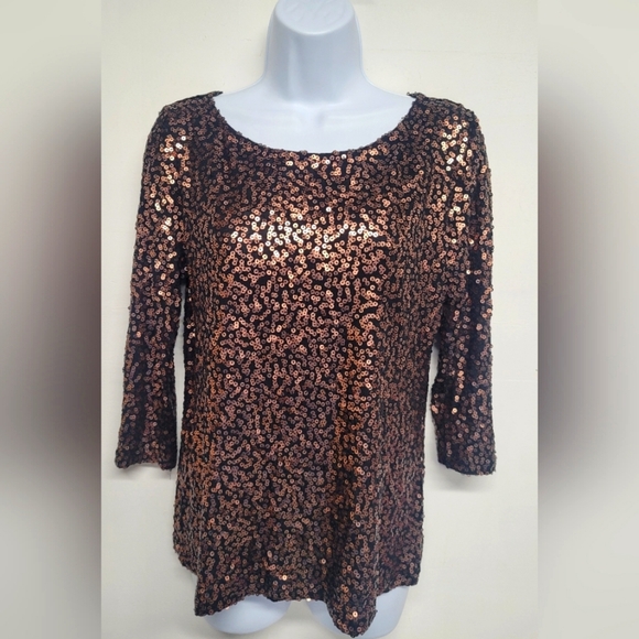 Calvin Klein M Gold Sequin Top Stretch 3/4 Sleeve Like New - Picture 1 of 4